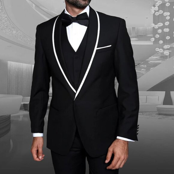 Statement Men's Black with Black Lapel Vest 100% Wool Tuxedo main image 1